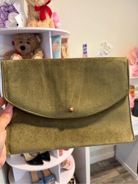 Olive Green Suede Envelope Clutch - Women's Bag
